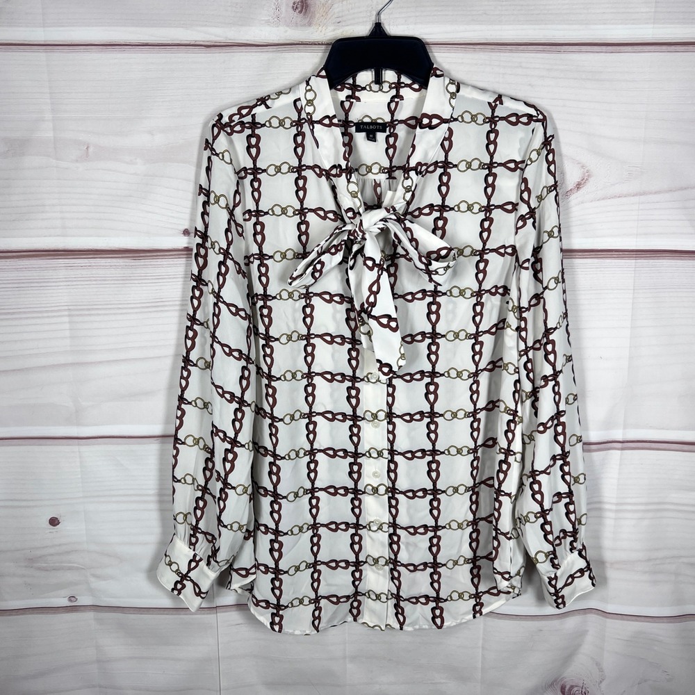 Talbots Blouse Womens Medium White Chain Print Tie Neck Long Sleeve Button Up